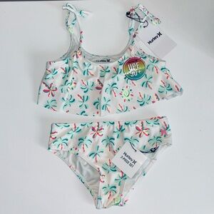 NWT Hurley Girls' Flounce Bikini 2-Piece Swimsuit -Ivory Vibrant Palm Print Sz 5